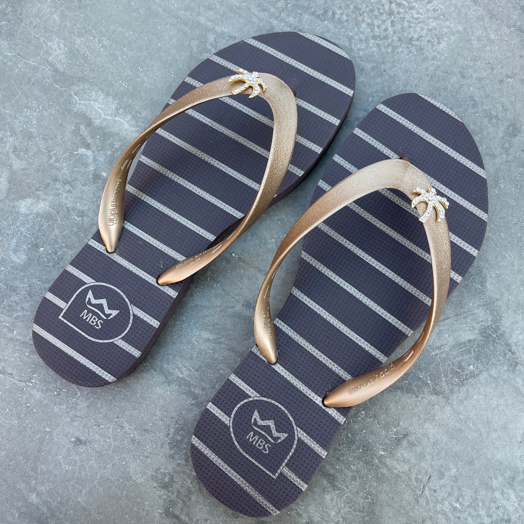 Natural Rubber Flip Flops Brown Gold Palm Tree
