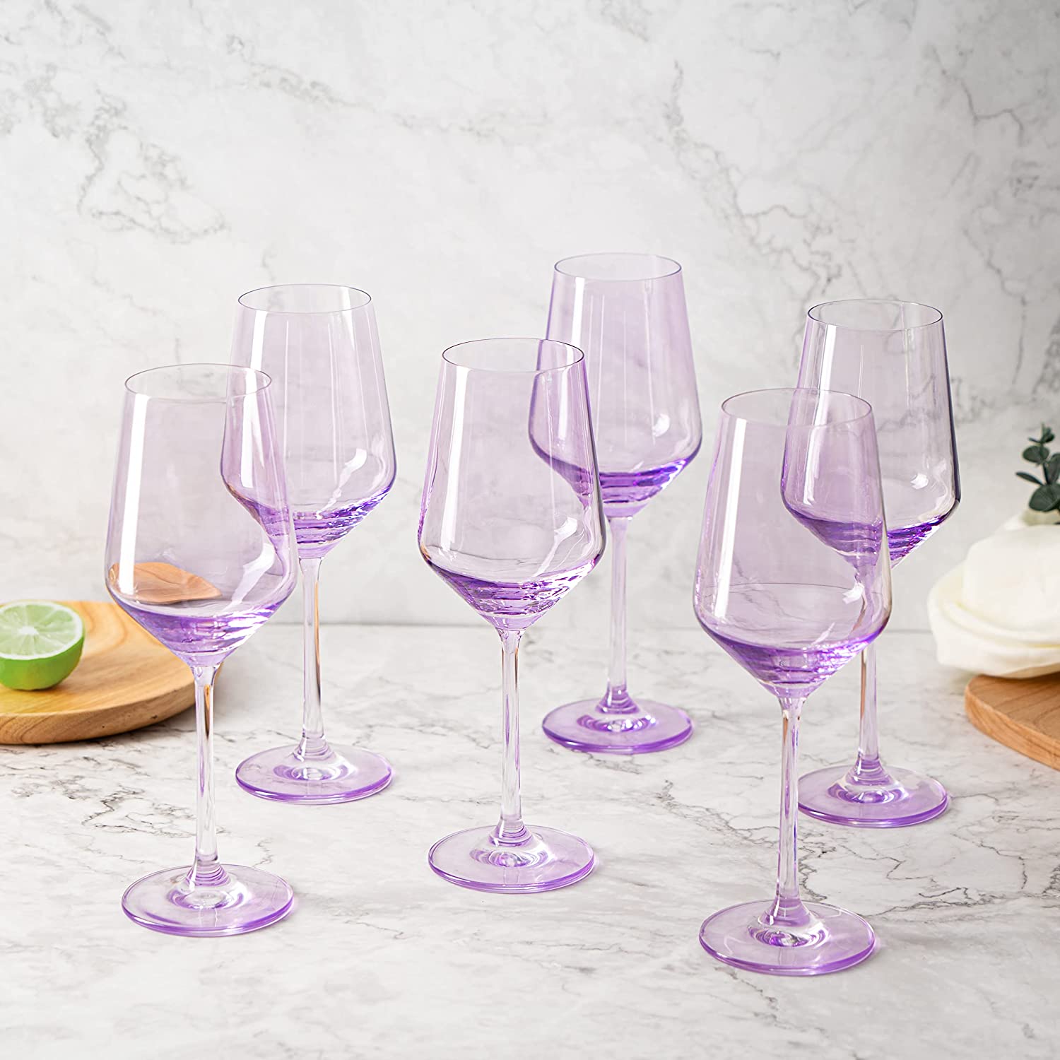 Set of 6 Colored Wine Glasses - 12 oz Hand Blown Italian Style (6, Lavender Purple)