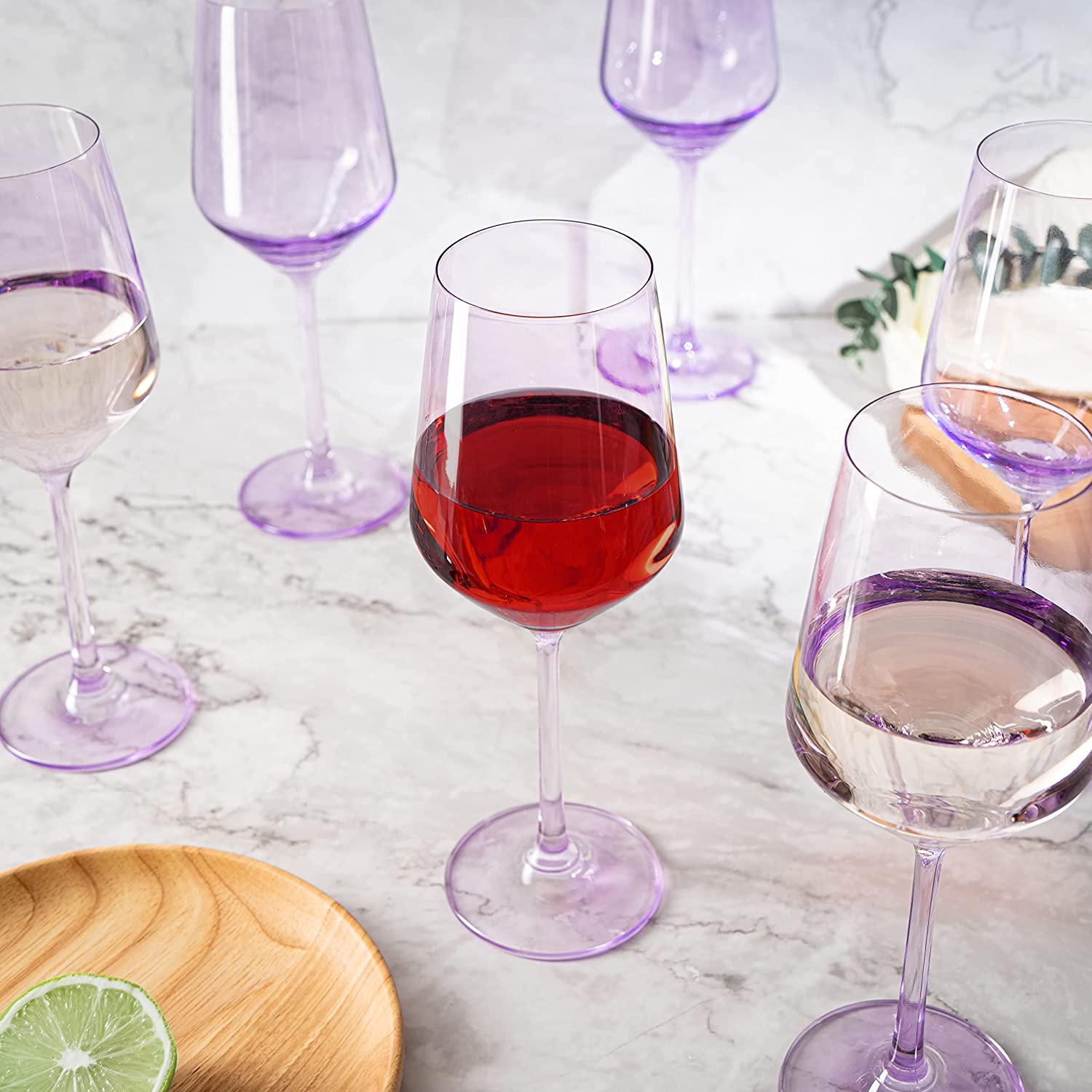 Set of 6 Colored Wine Glasses - 12 oz Hand Blown Italian Style (6, Lavender Purple)
