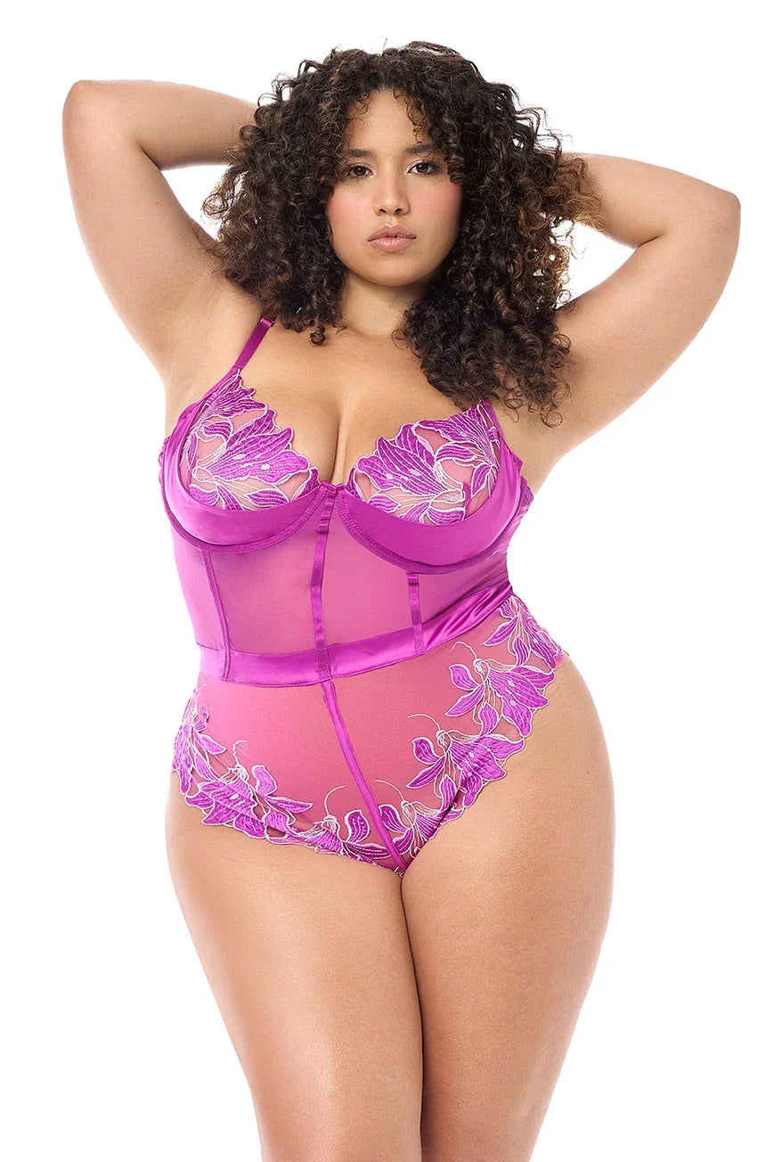 Mapale Twilight Orchid Sheer Embroidered Teddy