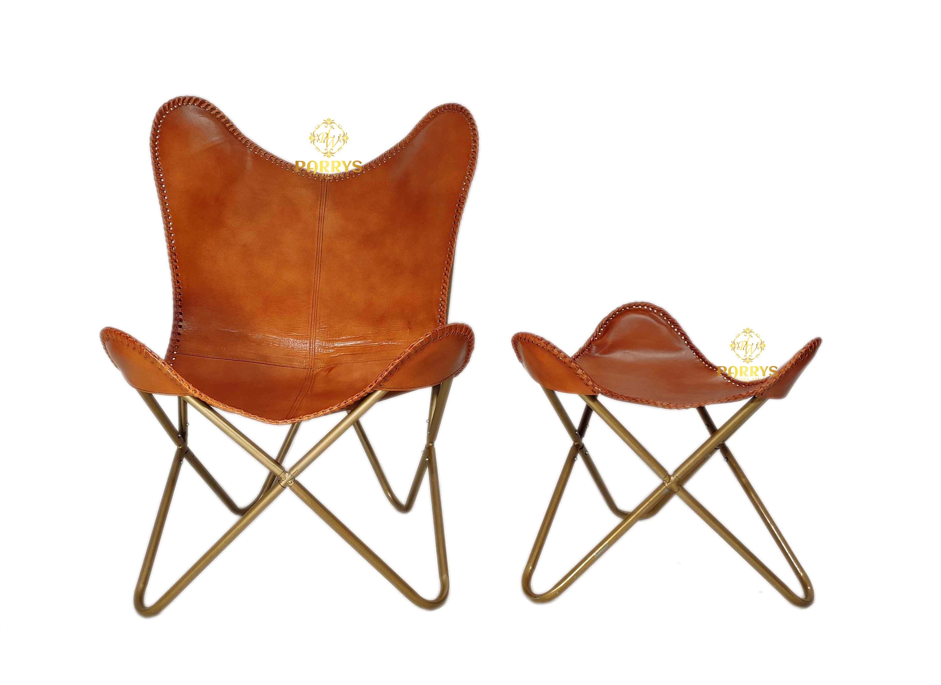 Burnt Amber Leather Chair & Footstool