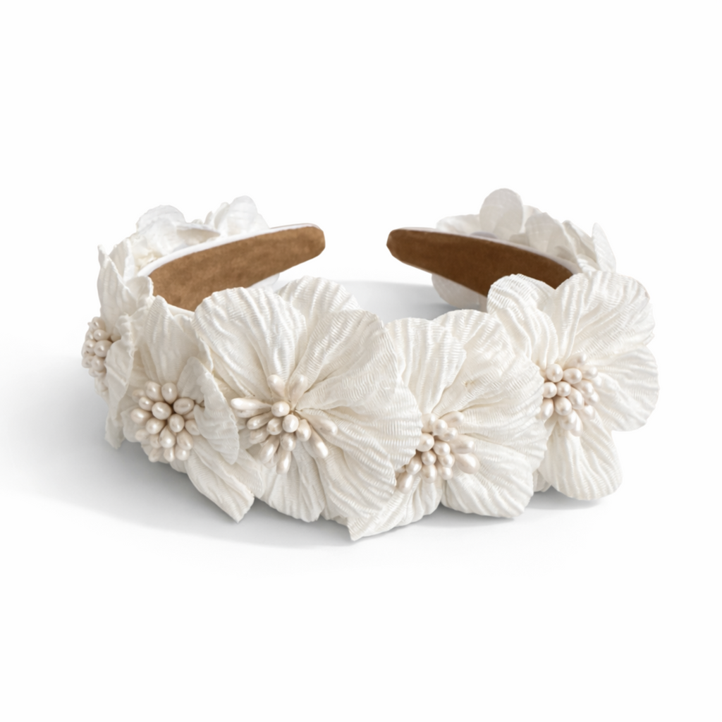 Romantic Floral Pearl Headband – White Petal Design