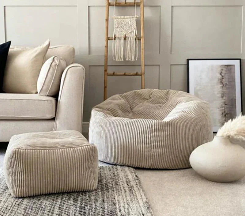 2-in-1 Bean Bag Chair & Footstool Cover Set Flannel Corduroy No Filler Beige