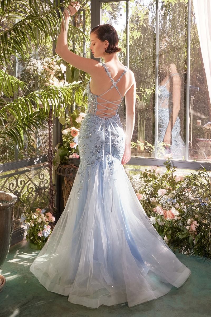 Romantic Light Blue 3D Floral Appliqué Corset Gown with Tulle Skirt