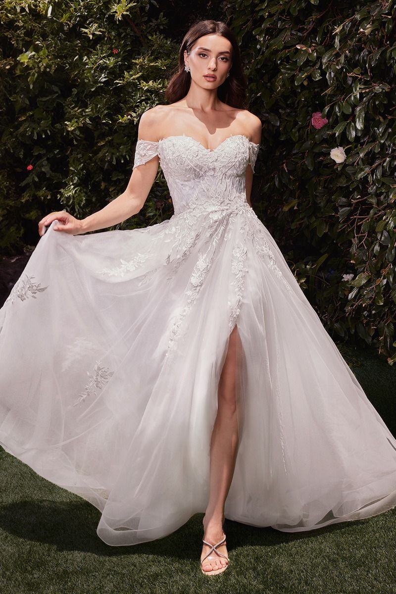 Romantic Off-Shoulder Tulle A-Line Wedding Gown with Lace Appliqués & Leg Slit CD C159W