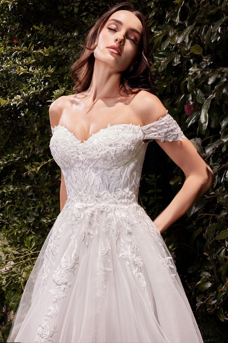 Romantic Off-Shoulder Tulle A-Line Wedding Gown with Lace Appliqués & Leg Slit CD C159W