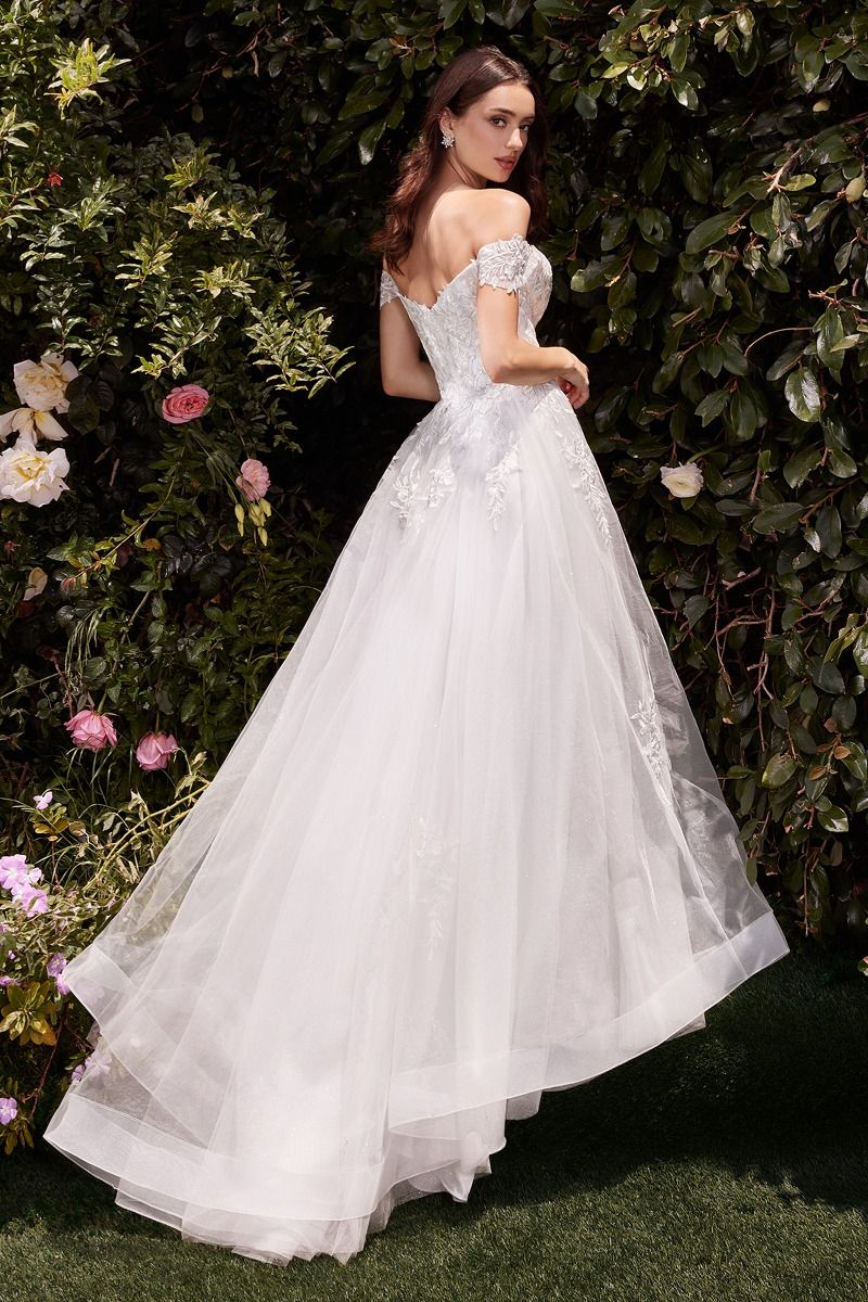 Romantic Off-Shoulder Tulle A-Line Wedding Gown with Lace Appliqués & Leg Slit CD C159W