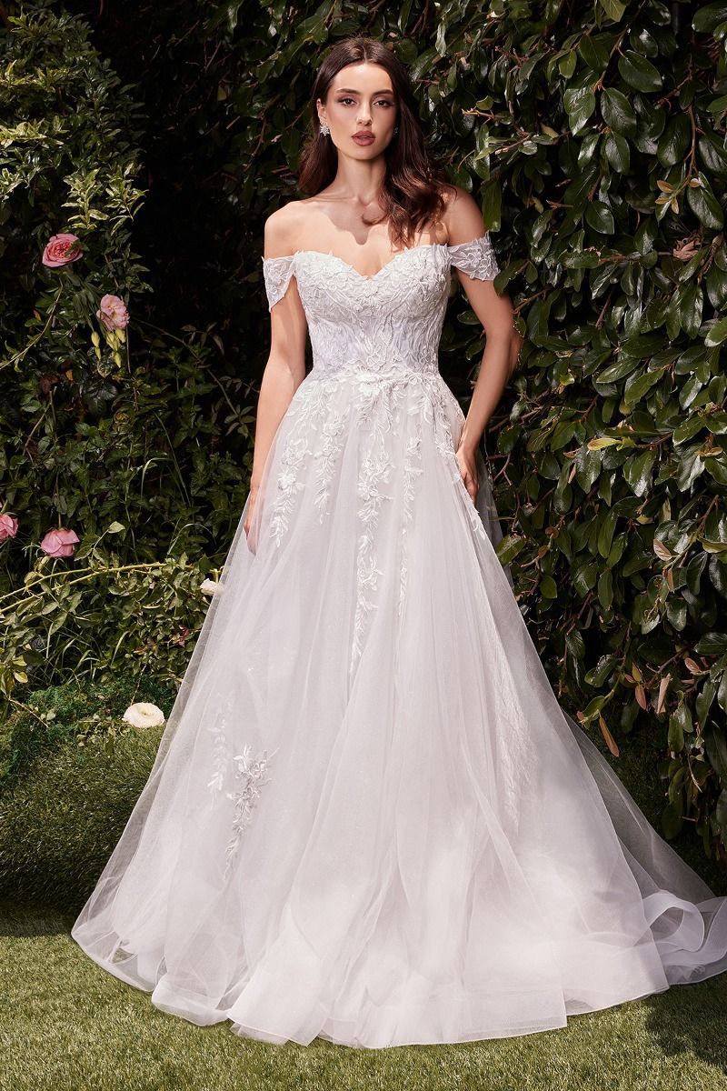Romantic Off-Shoulder Tulle A-Line Wedding Gown with Lace Appliqués & Leg Slit CD C159W