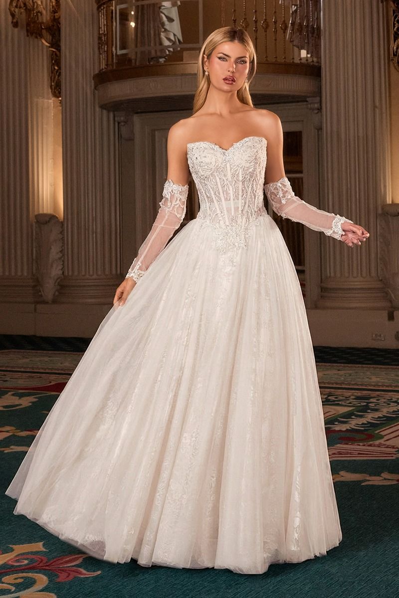 Romantic Off White Wedding Gown w/Floral Lace & Removable Sleeves CDCD717W