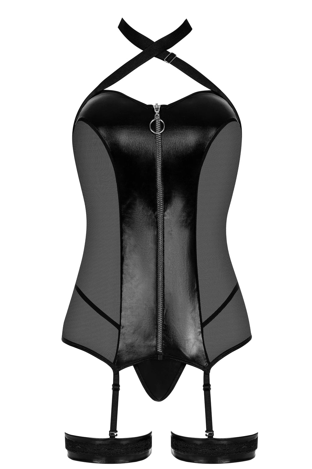 Beauty Night Elegant Zip-Front Wetlook & Mesh Garter Corset Lingerie Set
