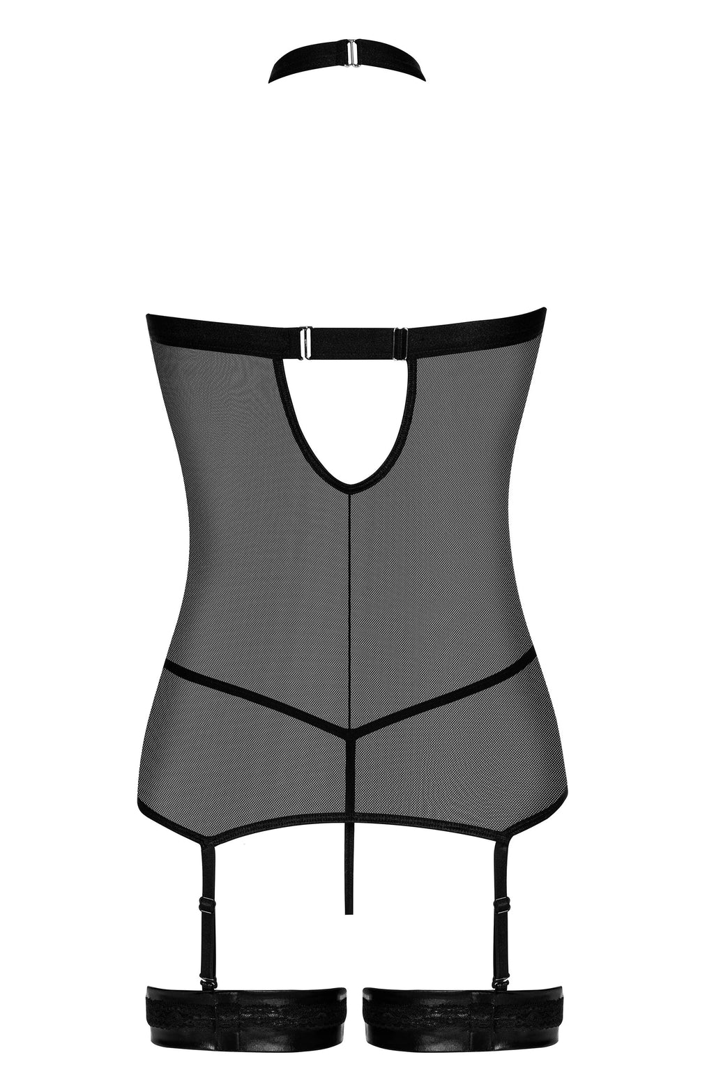 Beauty Night Elegant Zip-Front Wetlook & Mesh Garter Corset Lingerie Set