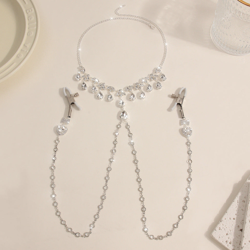 Heart & Bow Crystal Chain Nipple Clamps with Collar