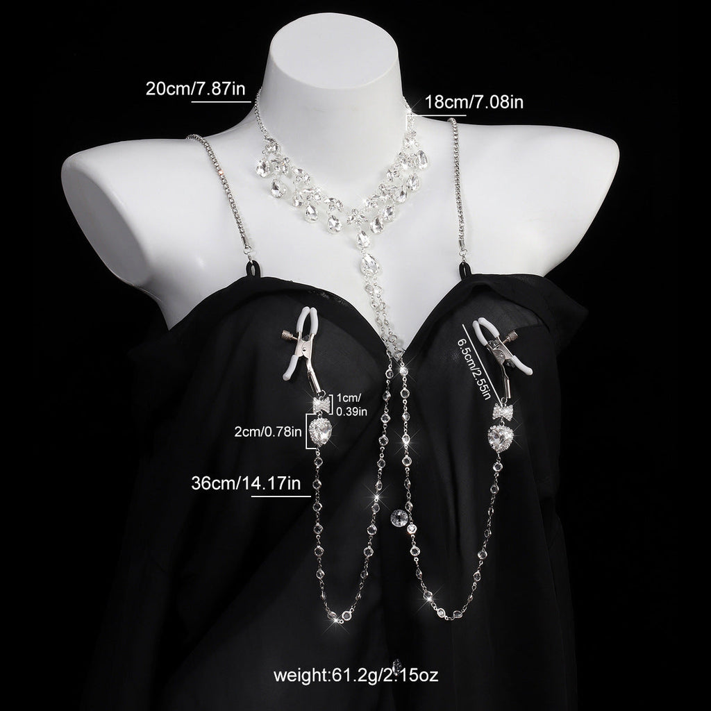 Heart & Bow Crystal Chain Nipple Clamps with Collar