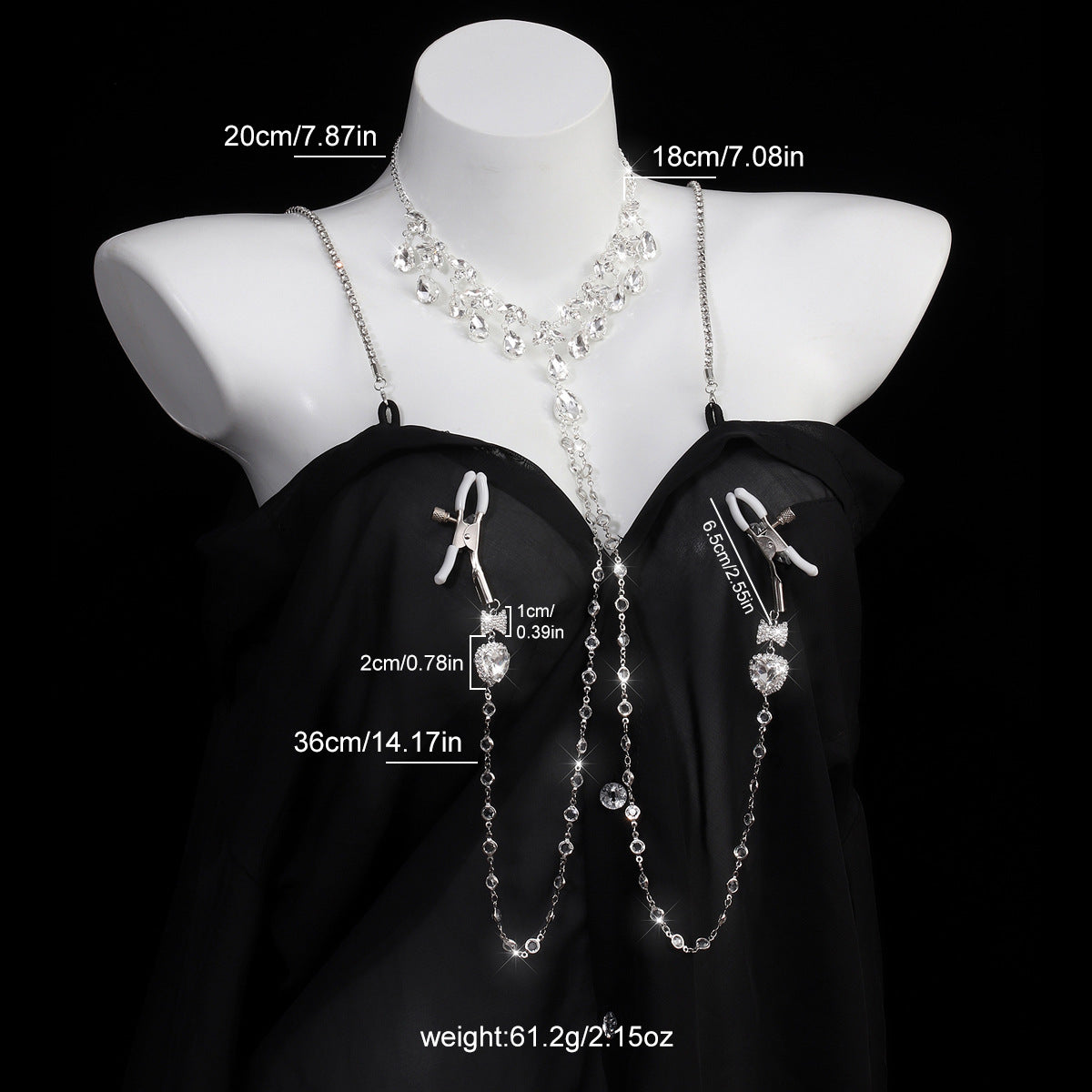 Heart & Bow Crystal Chain Nipple Clamps with Collar
