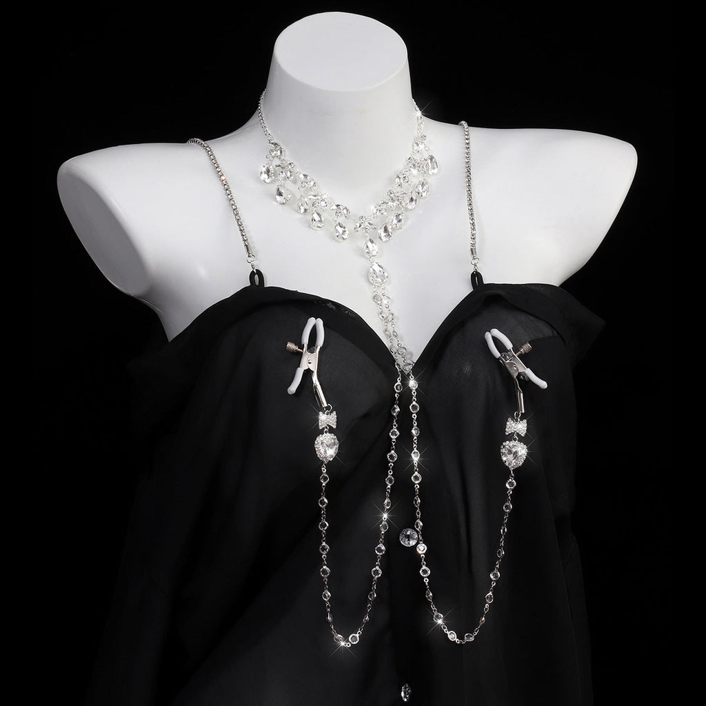 Heart & Bow Crystal Chain Nipple Clamps with Collar