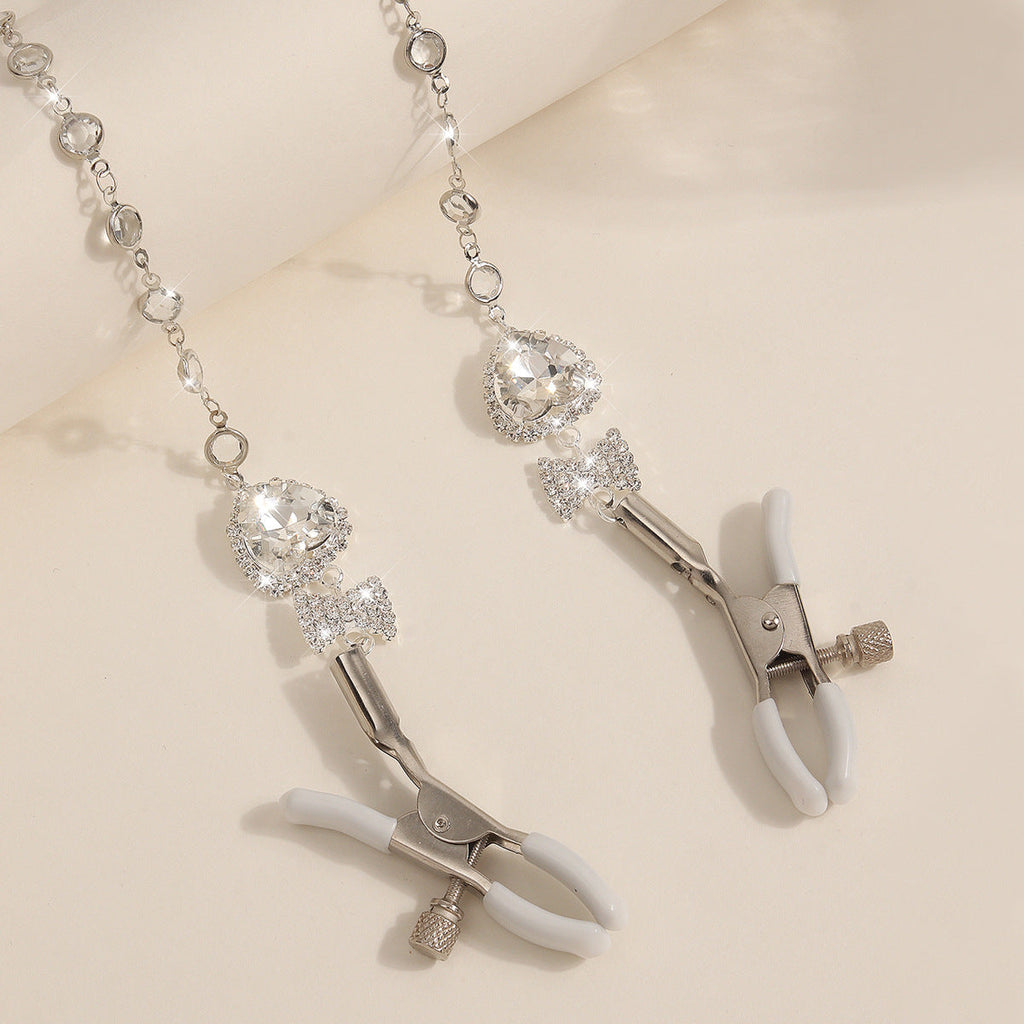 Heart & Bow Crystal Chain Nipple Clamps with Collar