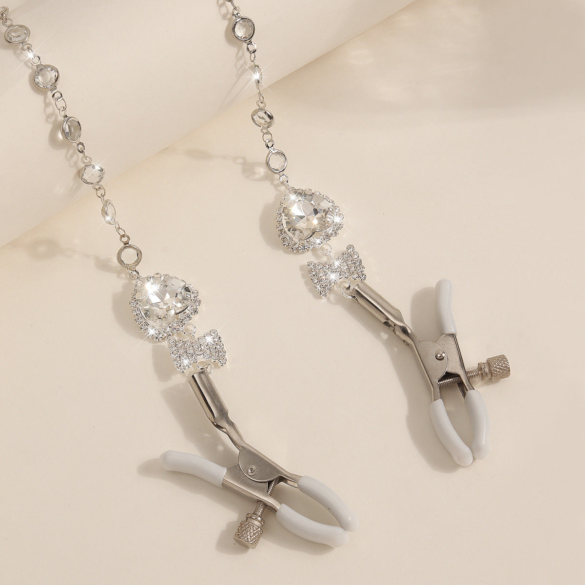 Heart & Bow Crystal Chain Nipple Clamps with Collar