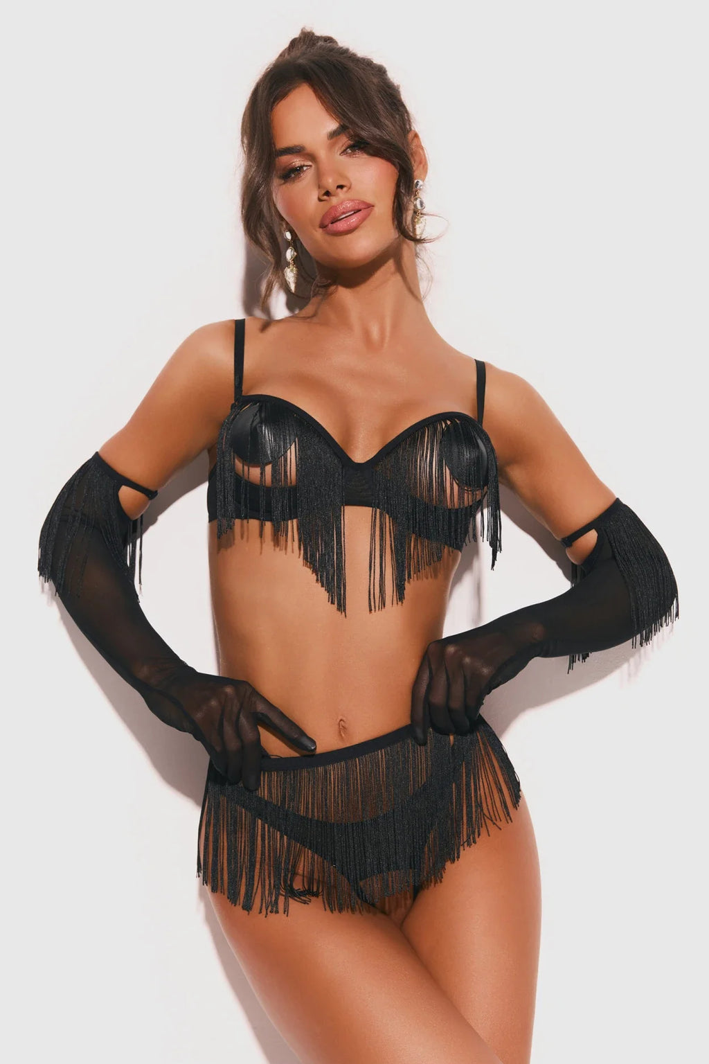Obsessive Midnight Tease Rossay Black Open Cup Bra Crotchless Panties 4-pcs Set