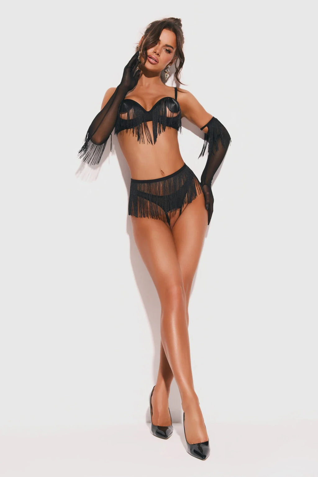 Obsessive Midnight Tease Rossay Black Open Cup Bra Crotchless Panties 4-pcs Set