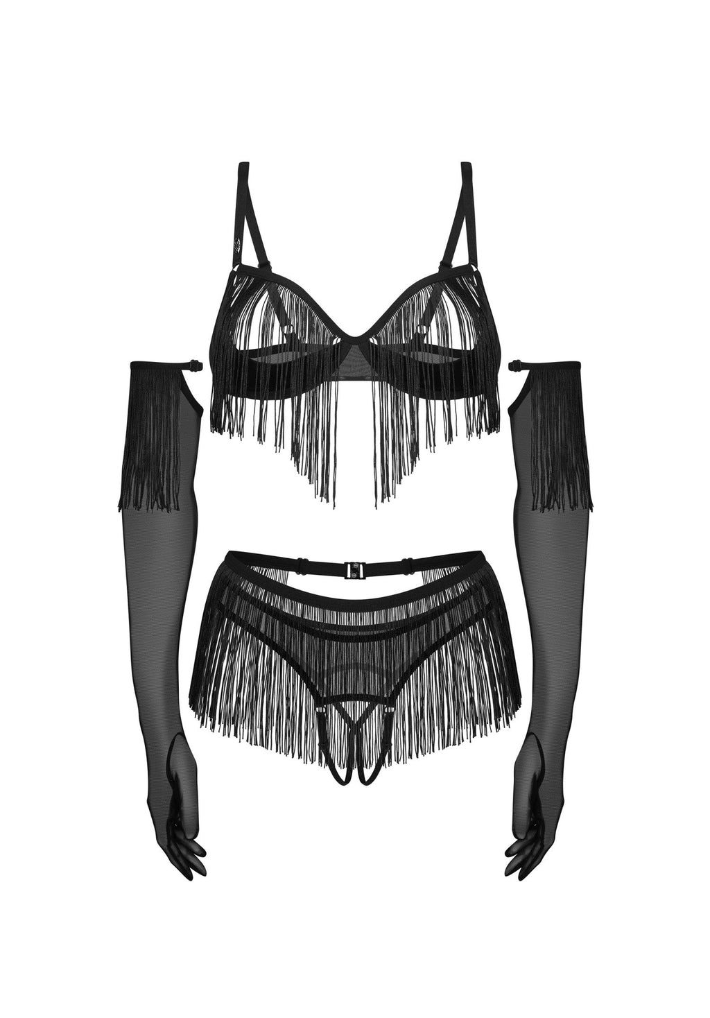 Obsessive Midnight Tease Rossay Black Open Cup Bra Crotchless Panties 4-pcs Set