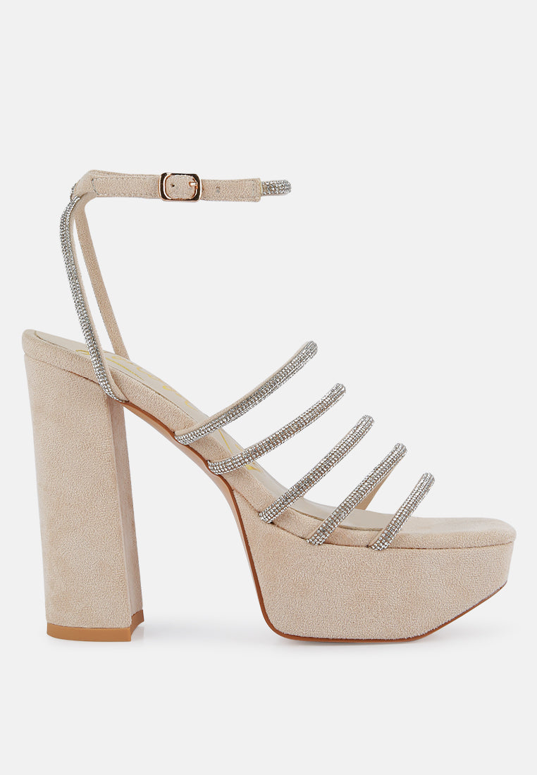 Rhinestone Platform Block Heel Sandals - Dancer Heels