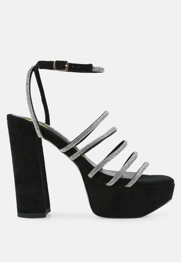 Rhinestone Platform Block Heel Sandals - Dancer Heels