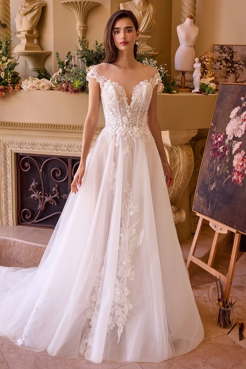 Off-the-Shoulder Lace Appliqué A-Line Wedding Dress – Romantic Tulle Bridal Gown