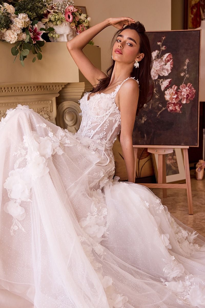 Floral Lace Appliqué Wedding Dress with Illusion Corset Bodice – Romantic A-Line Gown  CDWL045