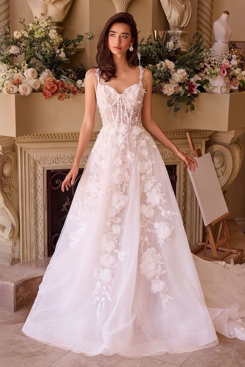 Floral Lace Appliqué Wedding Dress with Illusion Corset Bodice – Romantic A-Line Gown  CDWL045