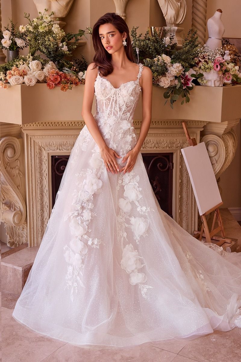 Floral Lace Appliqué Wedding Dress with Illusion Corset Bodice – Romantic A-Line Gown  CDWL045
