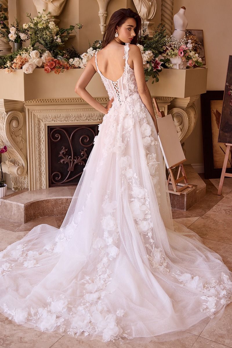Floral Lace Appliqué Wedding Dress with Illusion Corset Bodice – Romantic A-Line Gown  CDWL045