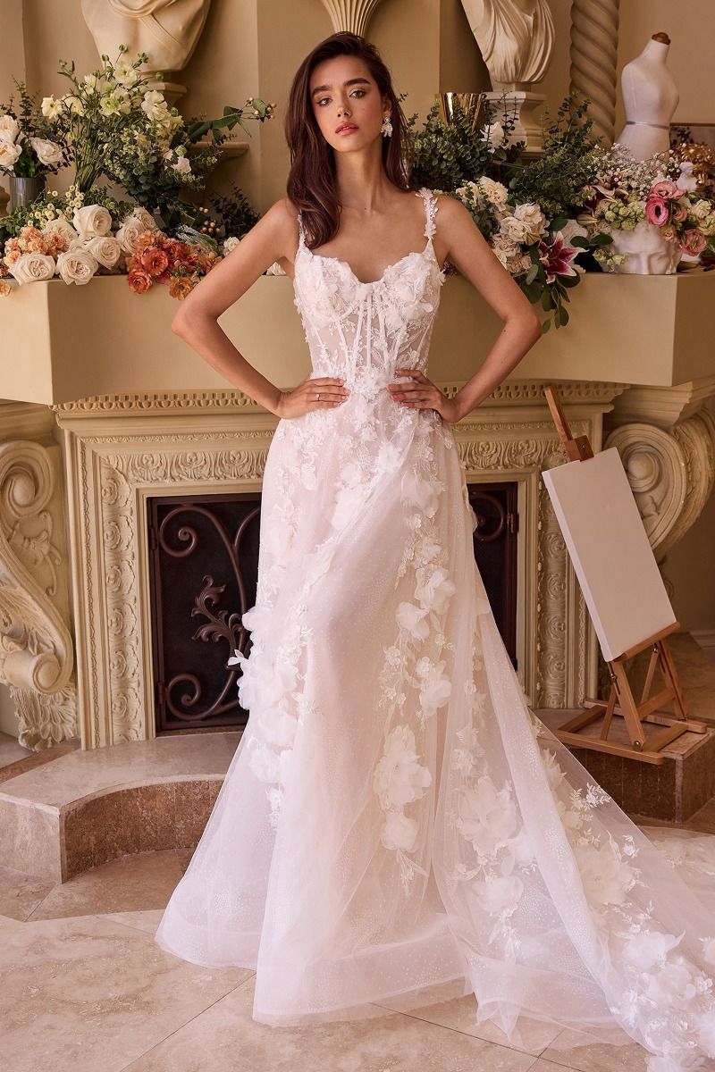 Floral Lace Appliqué Wedding Dress with Illusion Corset Bodice – Romantic A-Line Gown  CDWL045